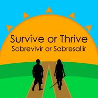 A photo of the Survive or Thrive logo showing two people, one with a disability and one without, heading toward a horizon.